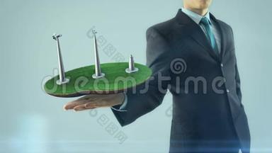 商务人员手中有绿色能源概念建设动画风车